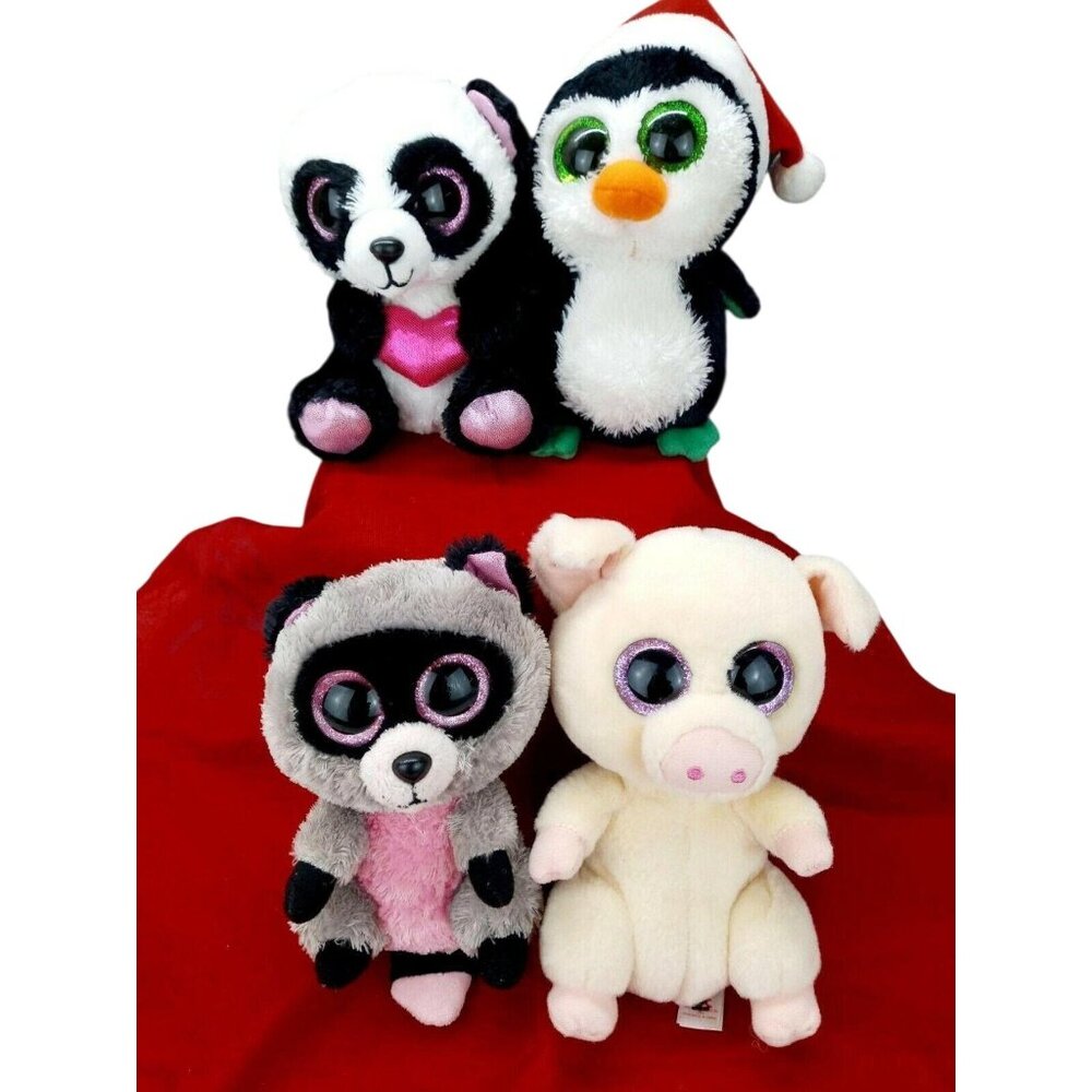 TY Beanie Boo Lot of 4 Plush 6" VelveTy Piggley Igloo Cutie Pie Rocco Panda Eyes